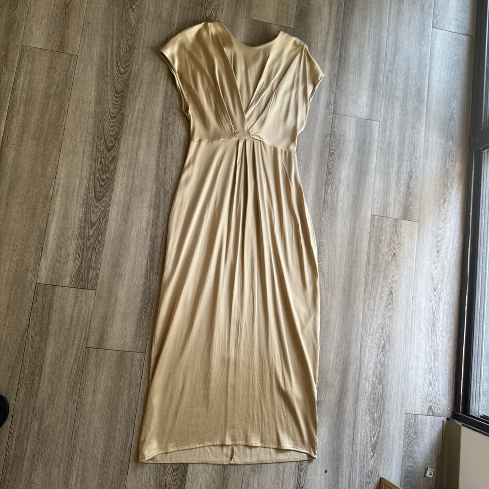 Golden-Beige Satin-like Midi V-neckline Short Sleeves Stretch Dress Sz XS Fits S - Picture 10 of 16